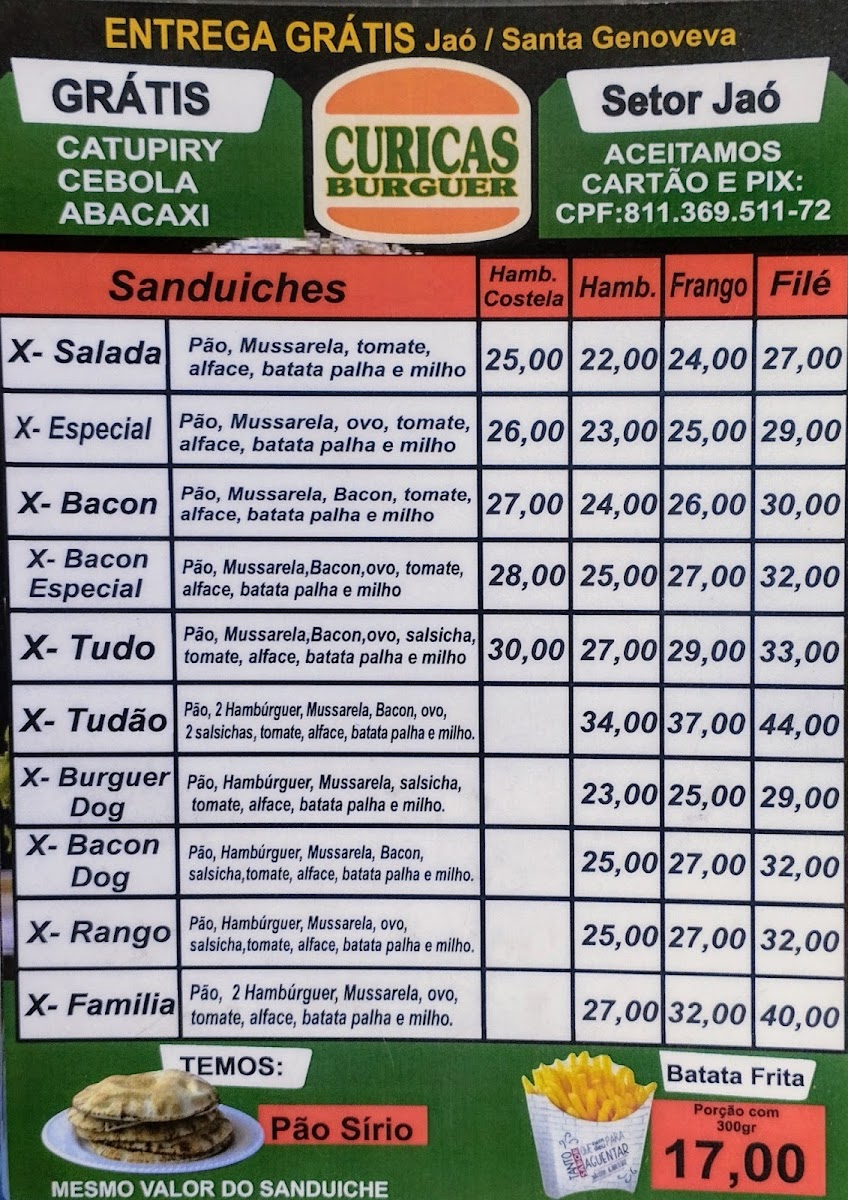 Curicas Burguer setor jao Menu 1