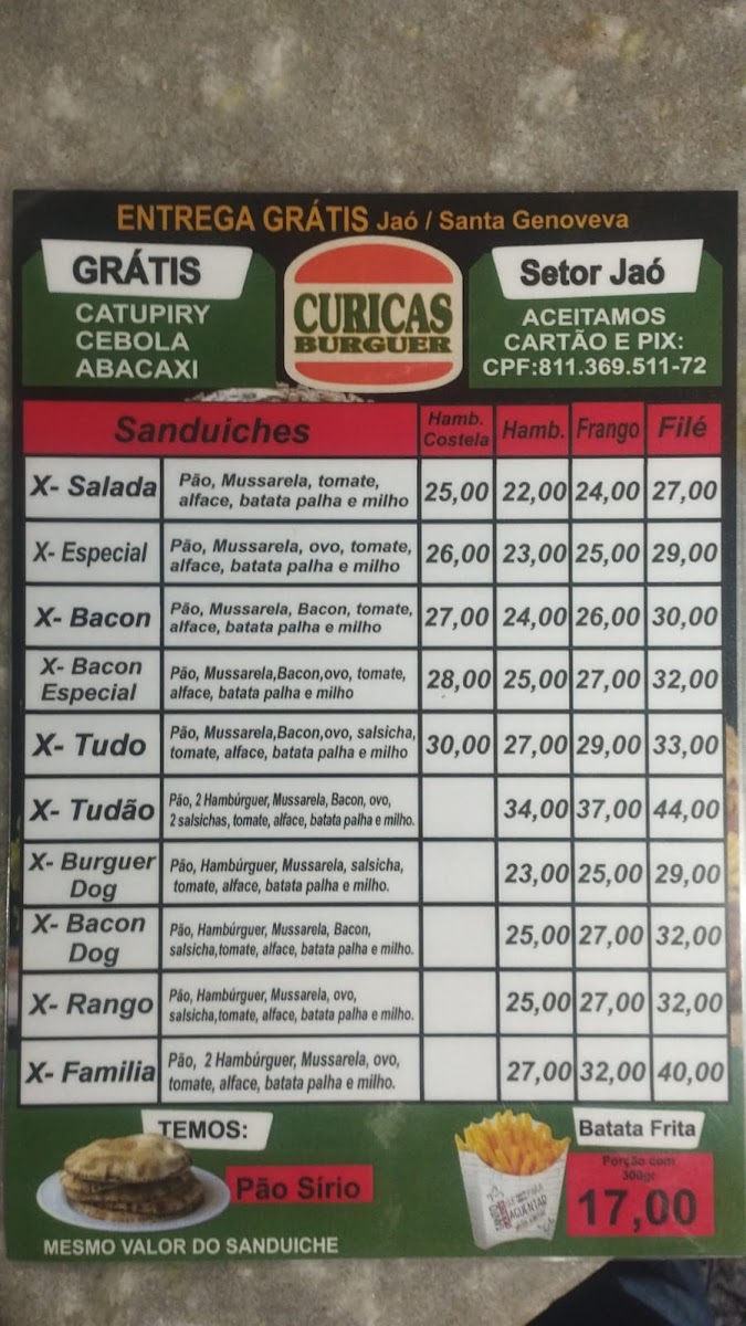 Curicas Burguer setor jao Menu 2