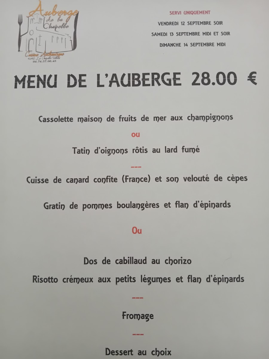 Auberge de la Chapelle Menu 1