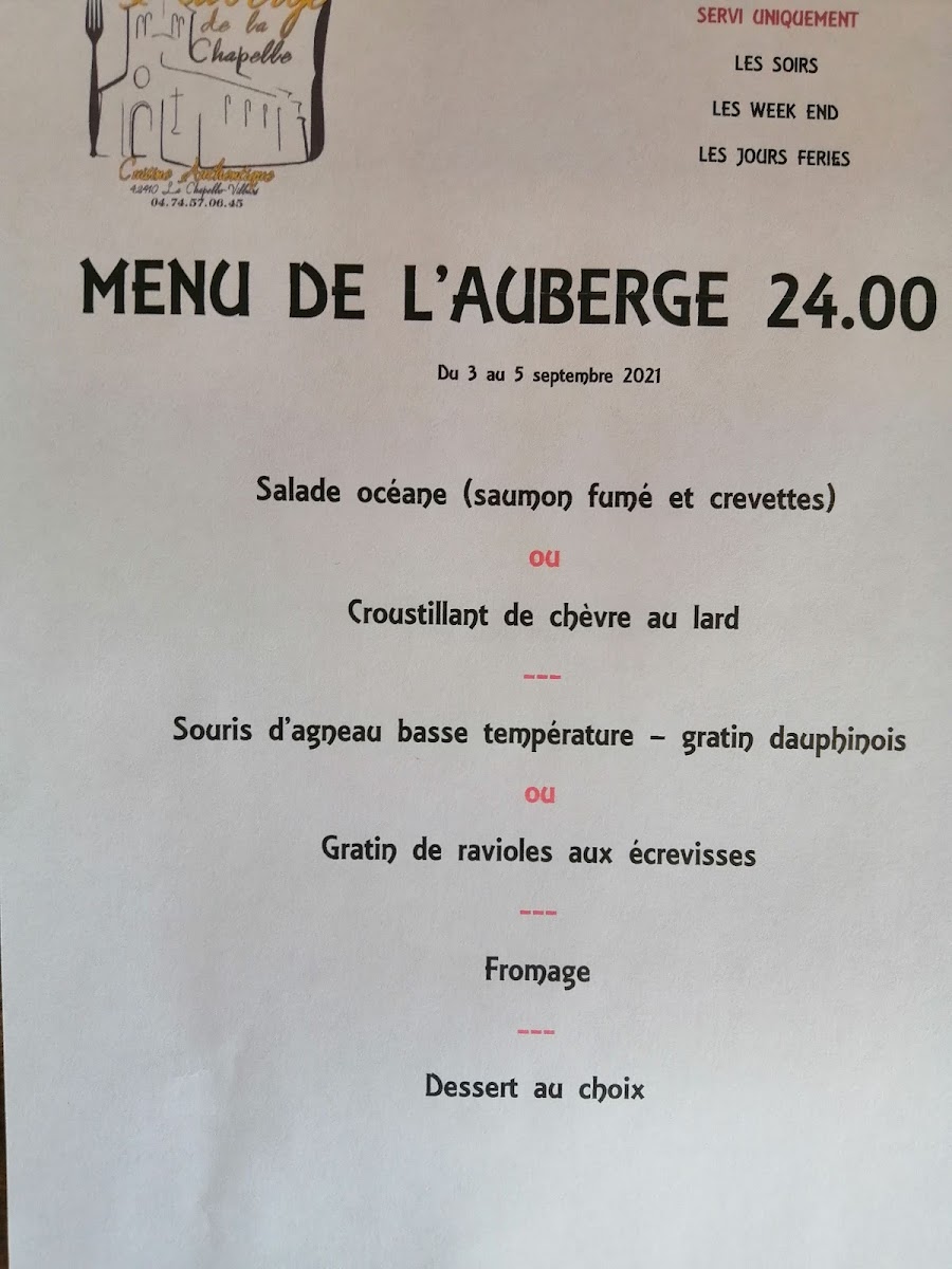 Auberge de la Chapelle Menu 2