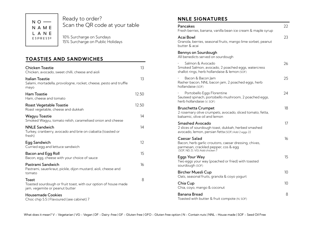 No Name Lane Espresso Menu 1