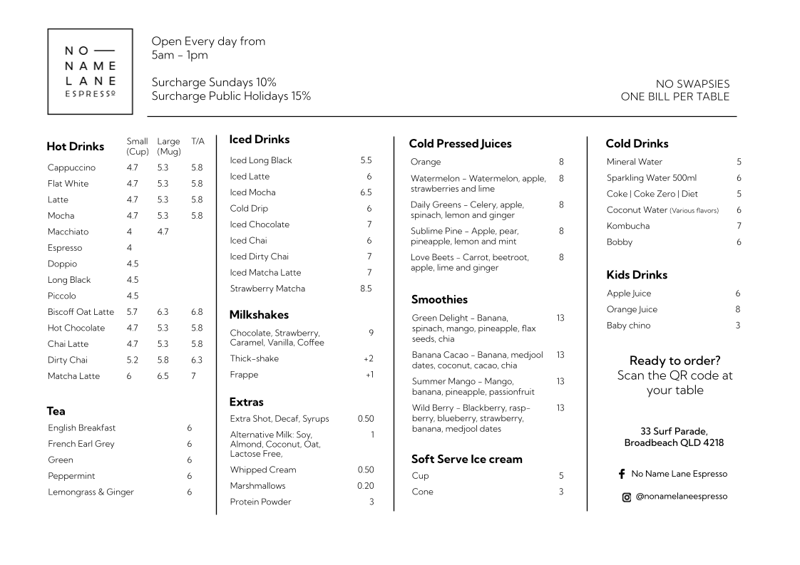 No Name Lane Espresso Menu 2