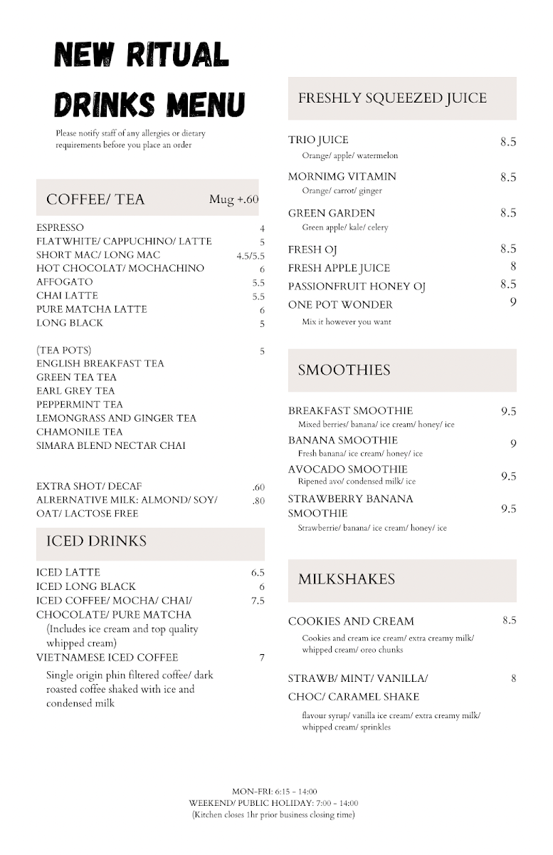 New Ritual Cafe Menu 1