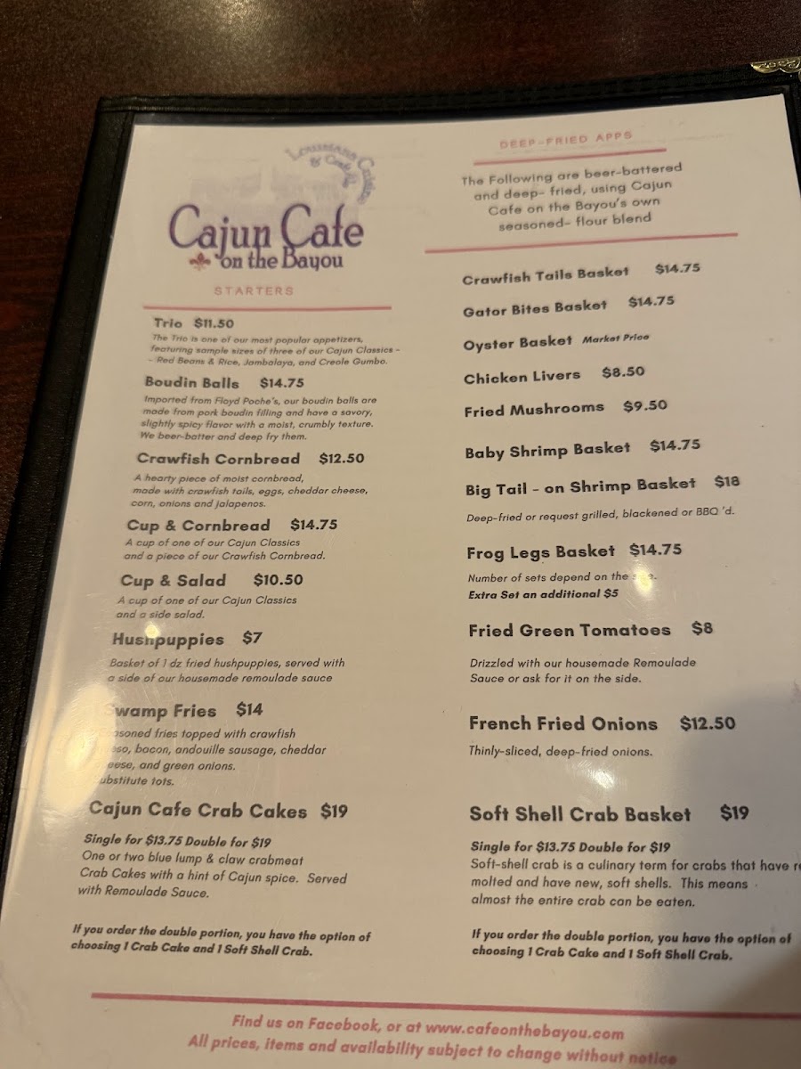 Cajun Cafe on the Bayou Menu 1