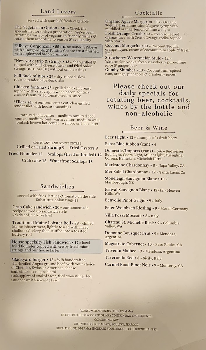 Miller's Waterfront Restaurant Menu 1