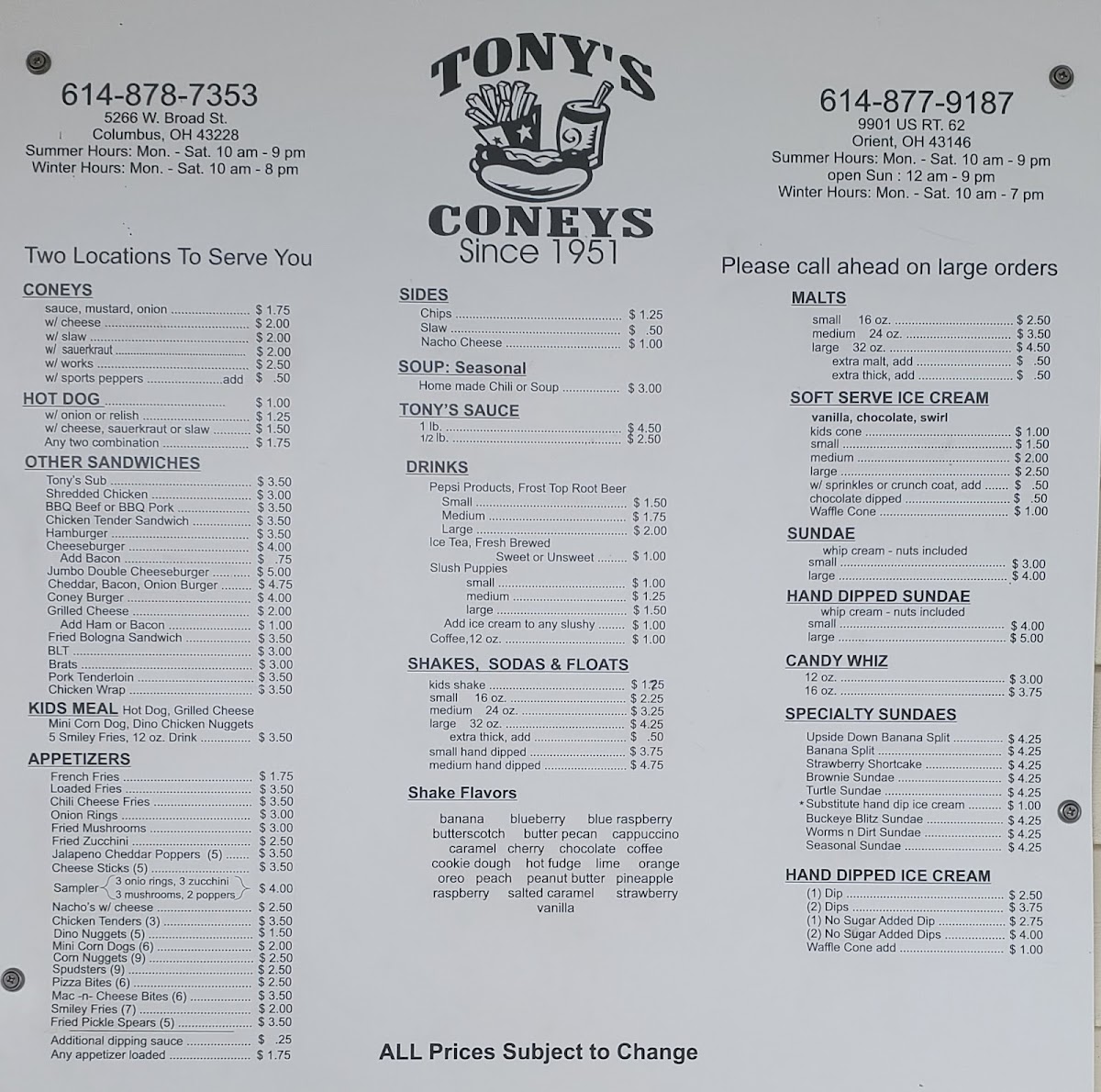 Tony's Coneys Menu 2
