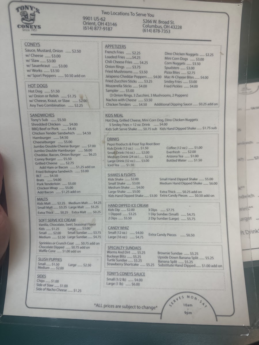 Tony's Coneys Menu 3
