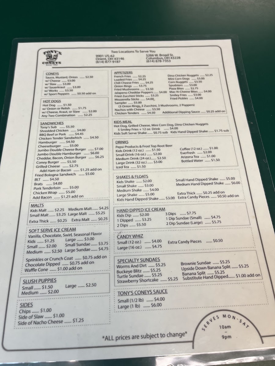 Tony's Coneys Menu 4