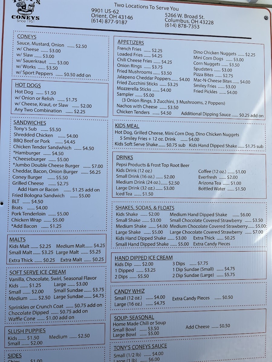 Tony's Coneys Menu 8