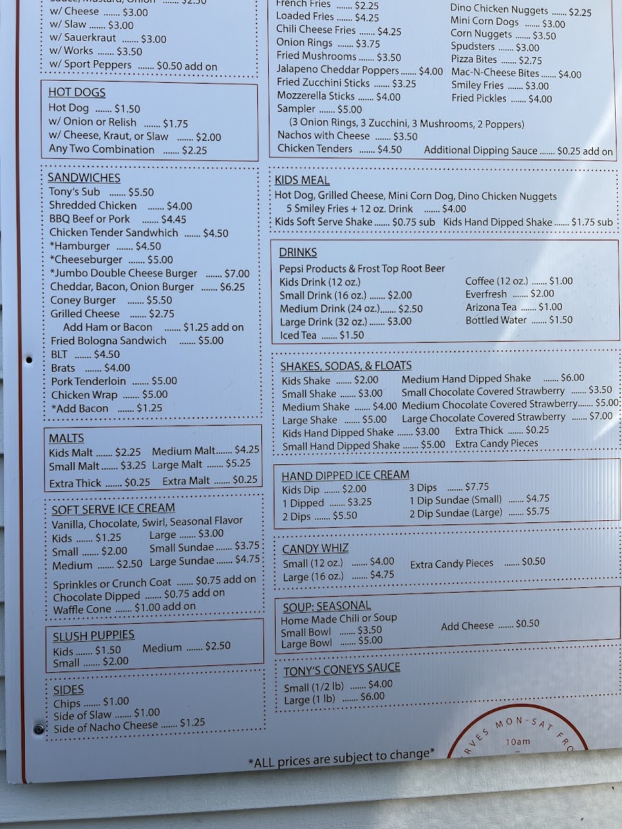 Tony's Coneys Menu 9
